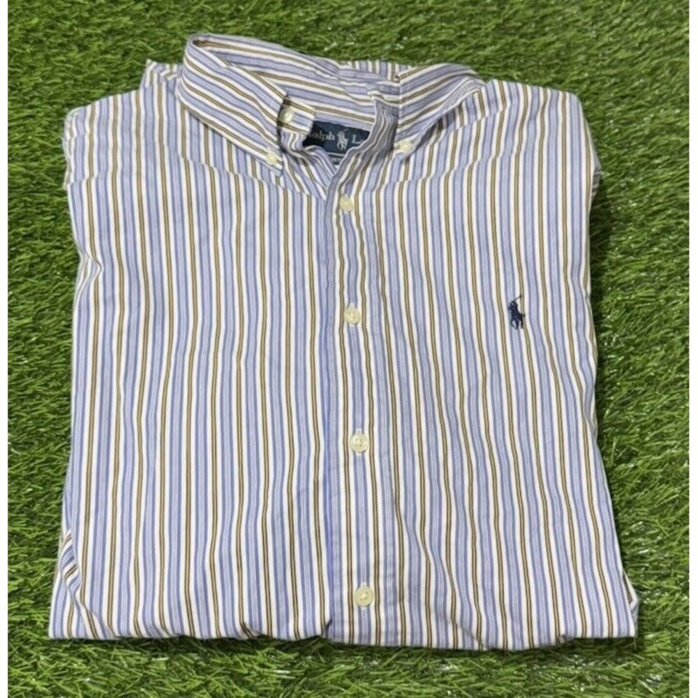 Mens Ralph Lauren Purple Yellow White Striped Shirt Size XL  Custom Fit‎